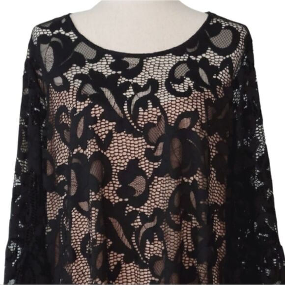 I.N.C. Woman Black Lace Tan Lining Flounce Sleeve Blouse Pullover Size 1X - Picture 5 of 8